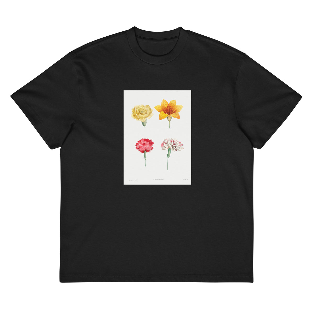 Black T-shirt Flower Set - Pierre-Joseph Redoute 1759 Signature