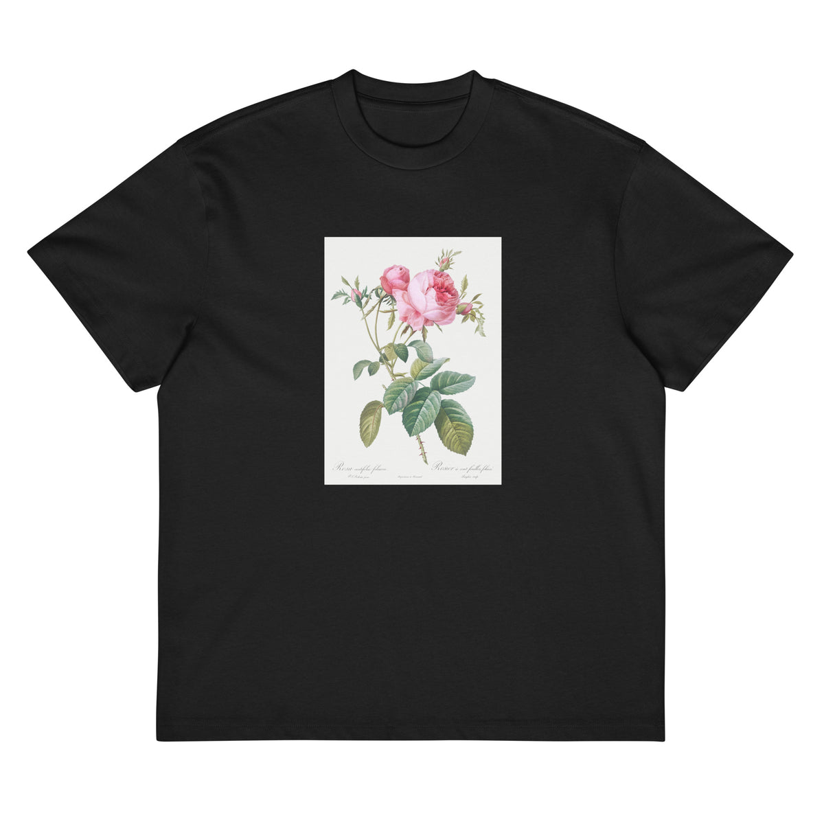 Black T-shirt Rose De Mai Rosa Centifolia Foliacea Signature