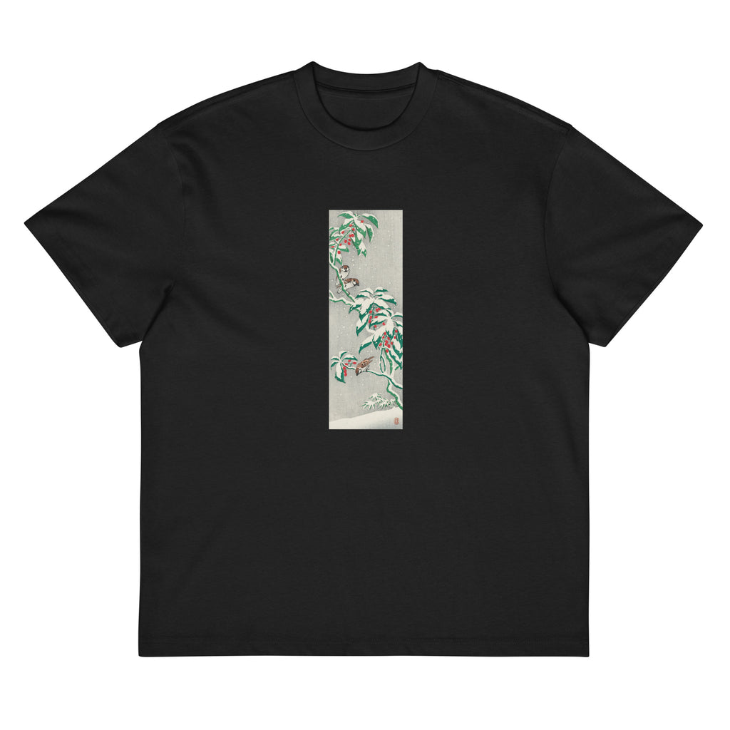 Black T-shirt Sparrows On Snowy Berry Bush Signature