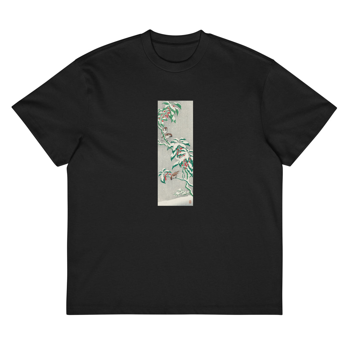 Black T-shirt Sparrows On Snowy Berry Bush Signature