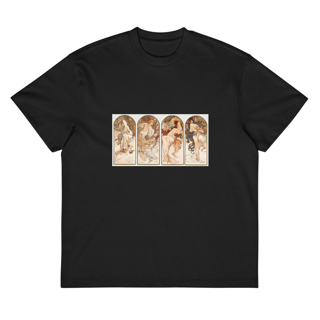 Black T-shirt Alphonse Maria Mucha S The Seasons Famous Art Nouveau Artwork Signature