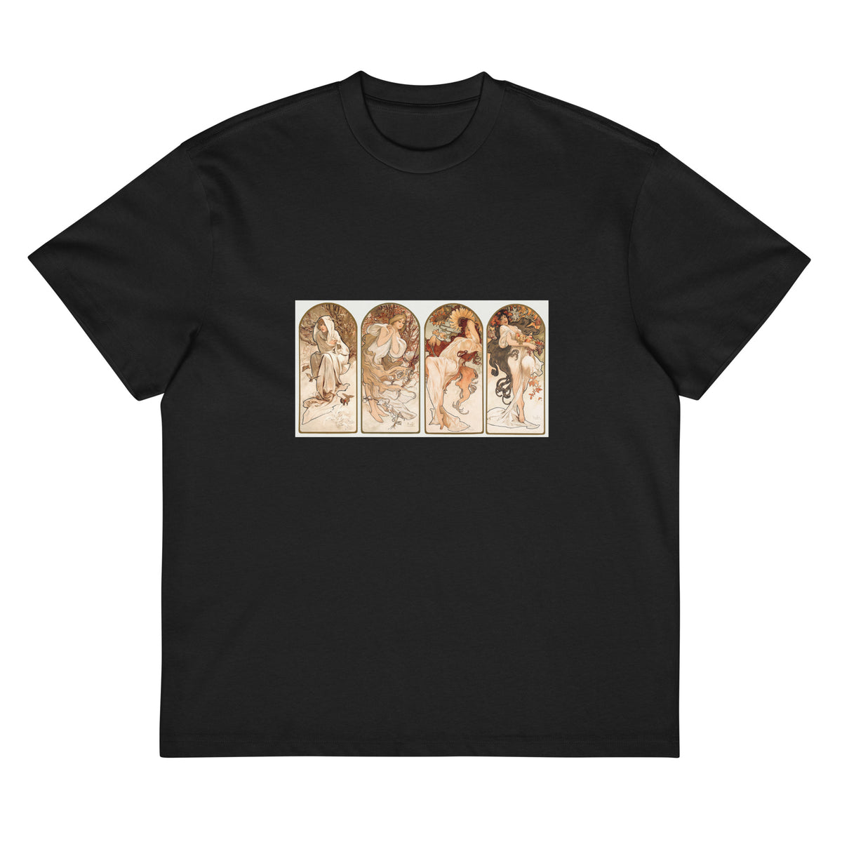 Black T-shirt Alphonse Maria Mucha S The Seasons Famous Art Nouveau Artwork Signature