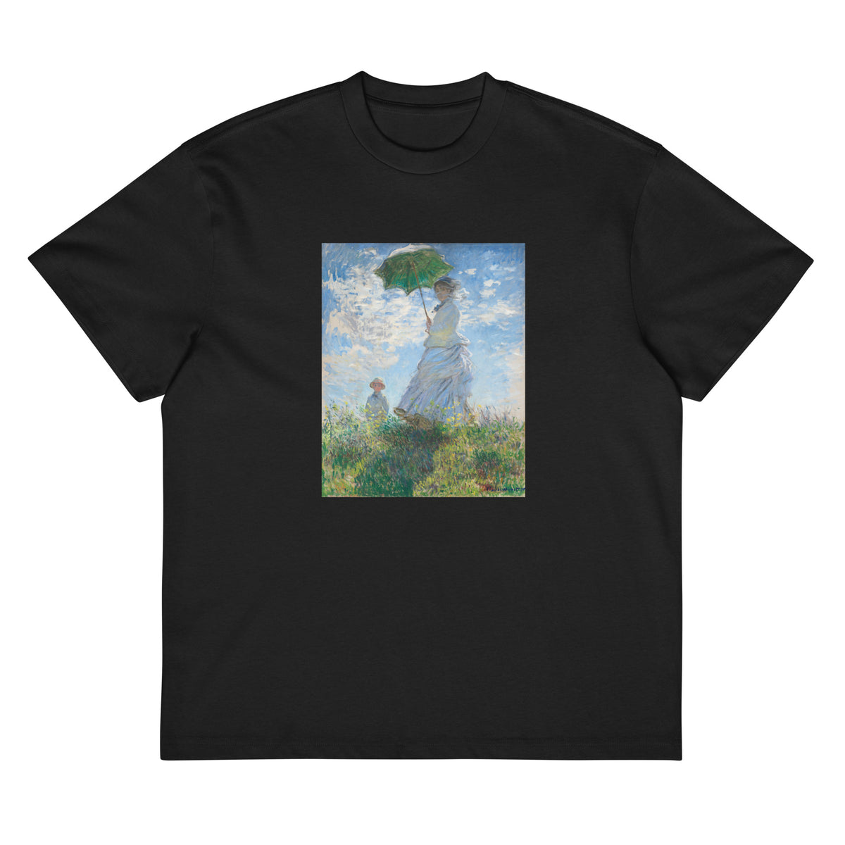 Black T-shirt Claude Monet S Madame Monet And Her Son Woman With A Parasol Famous Painting Signature