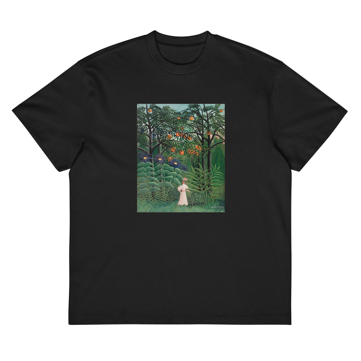 Black T-shirt Woman Walking In An Exotic Forest Femme Se Promenant Dans Une Foret Exotique Signature