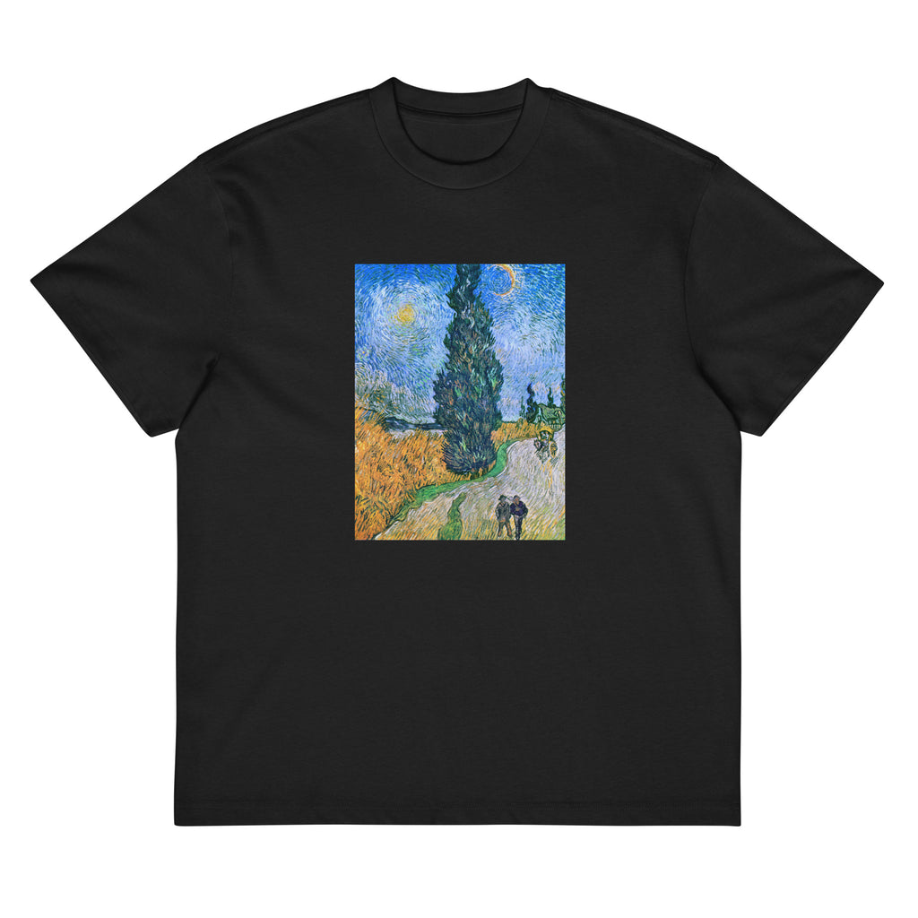 Black T-shirt Vincent Van Gogh S Road With Cypress And Star Famous Painting Signature