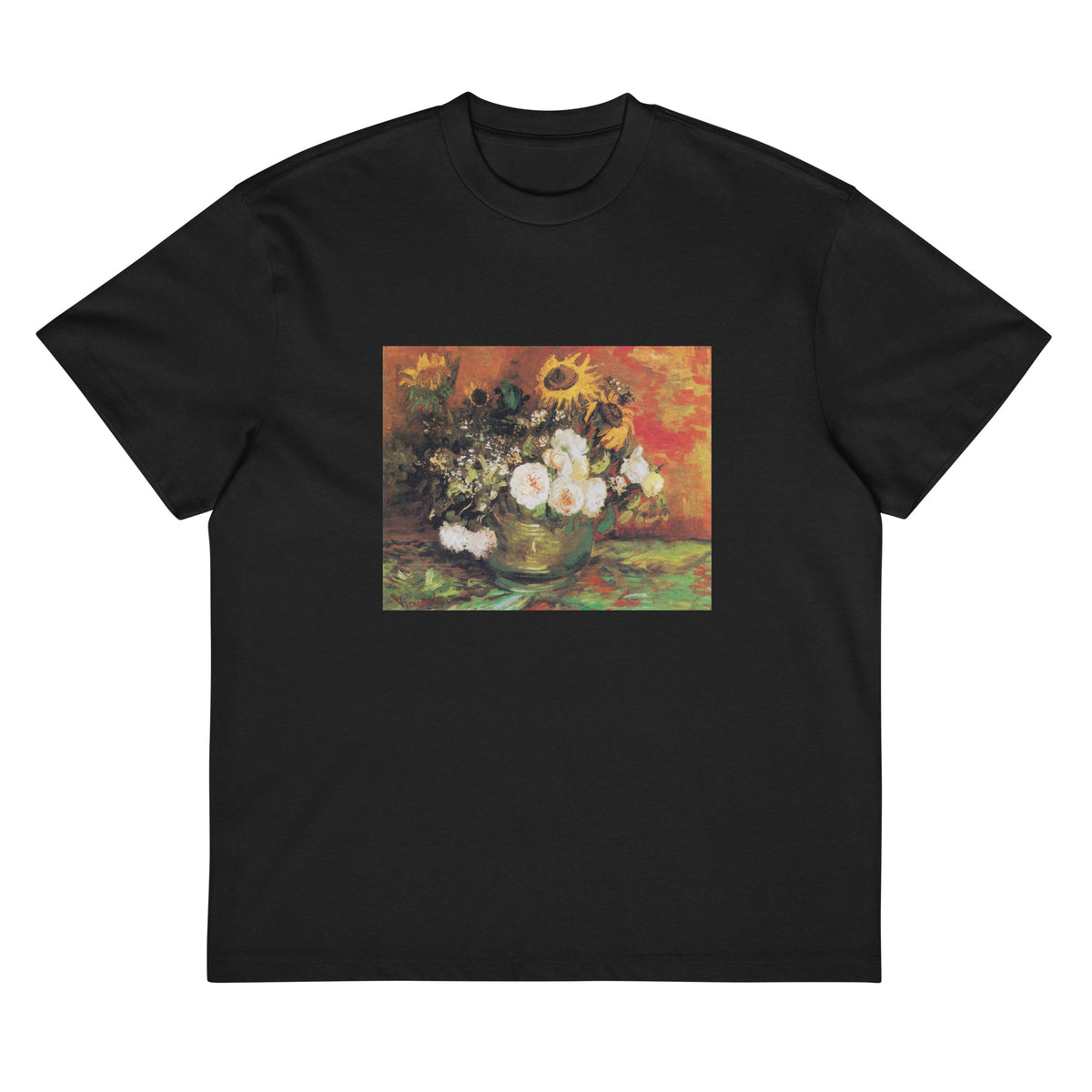 Black T-shirt Vincent Van Gogh S Bowl With Sunflowers Roses And Other Flowers Famous Painting Signature
