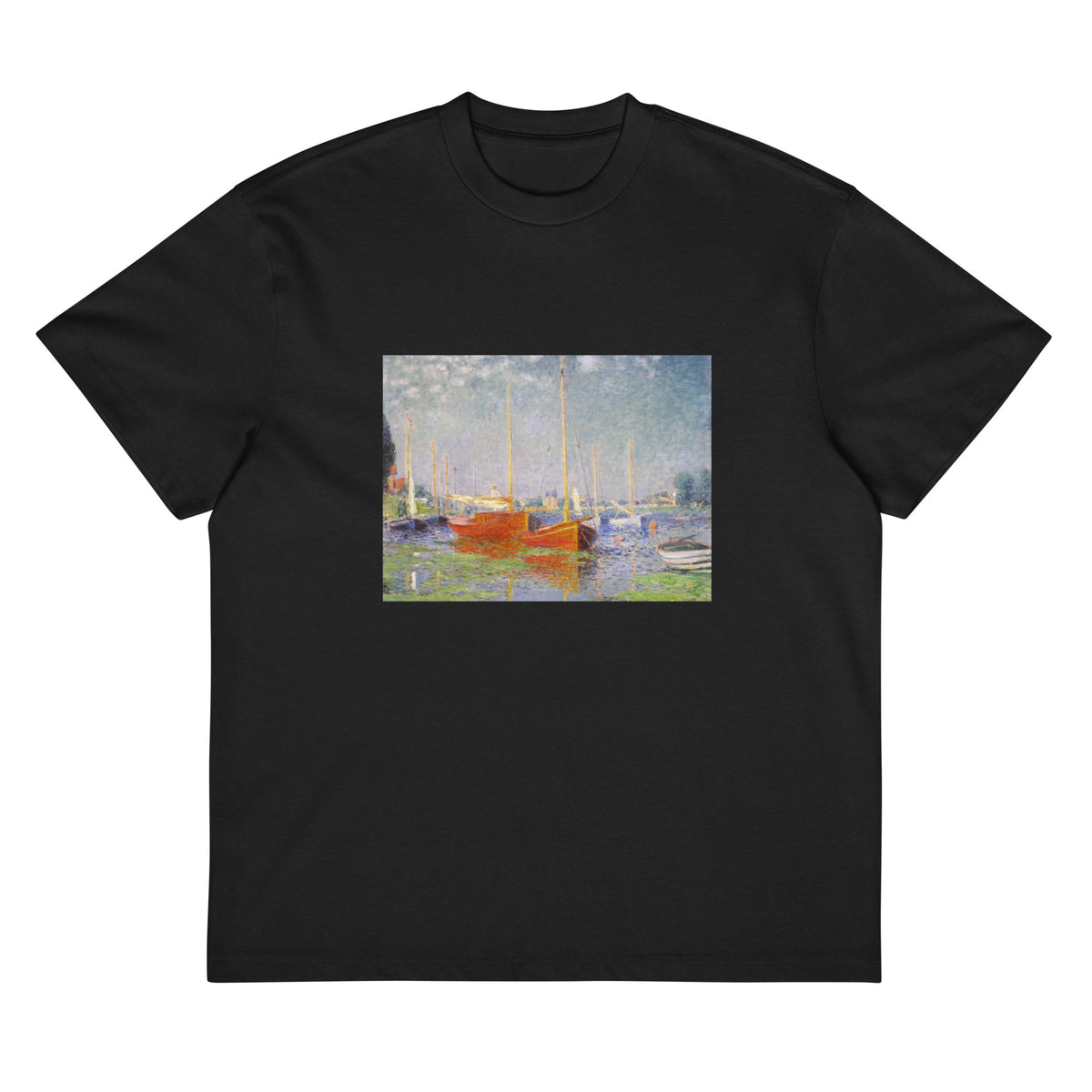 Black T-shirt Claude Monet S Red Boats At Argenteuil Famous Painting Signature