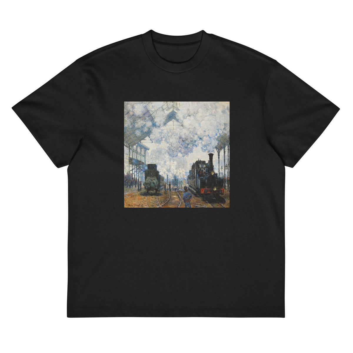 Black T-shirt Claude Monet S Arrival Of The Normandy Train Famous Painting Signature