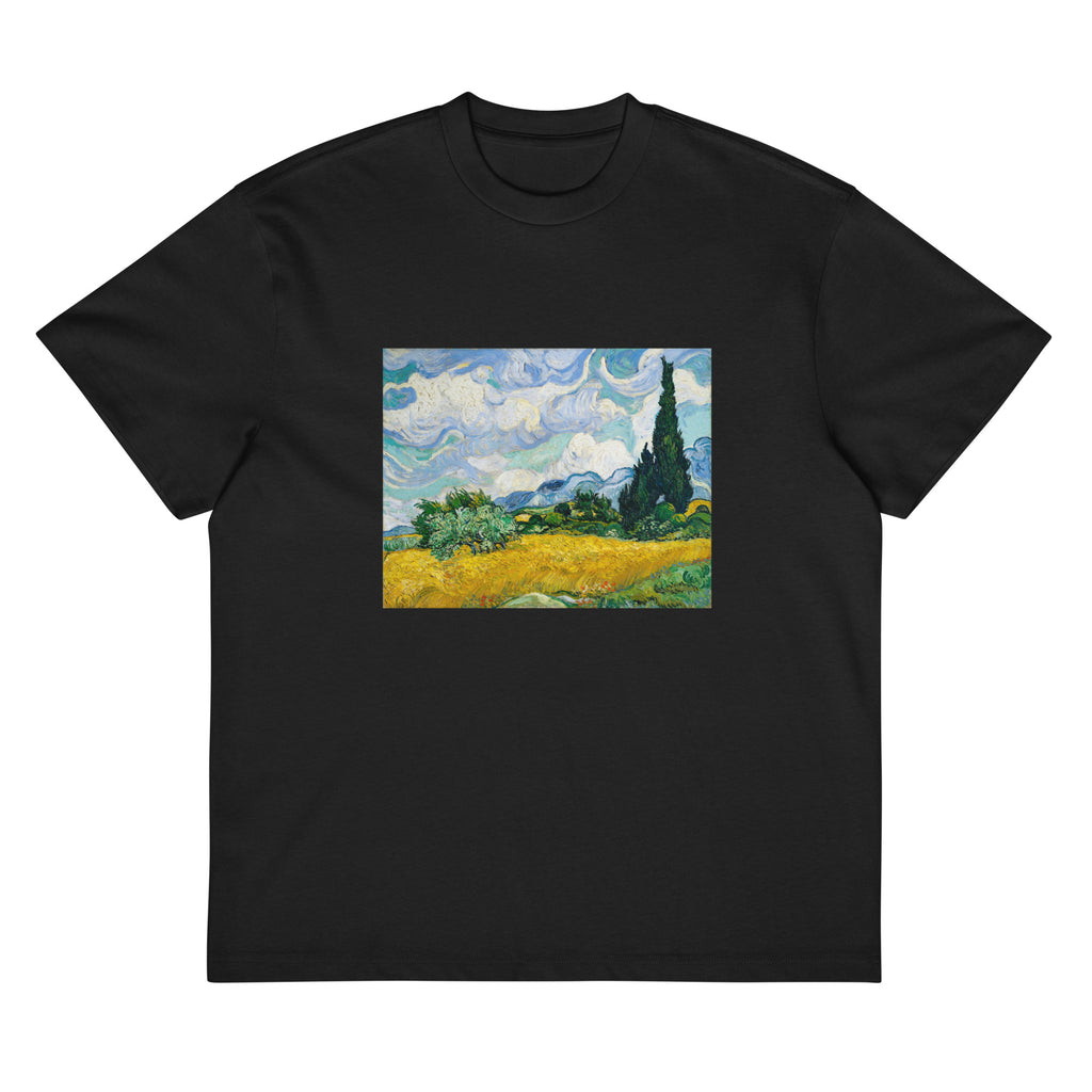 Black T-shirt Vincent Van Gogh S Wheat Field With Cypresses Famous Painting Signature