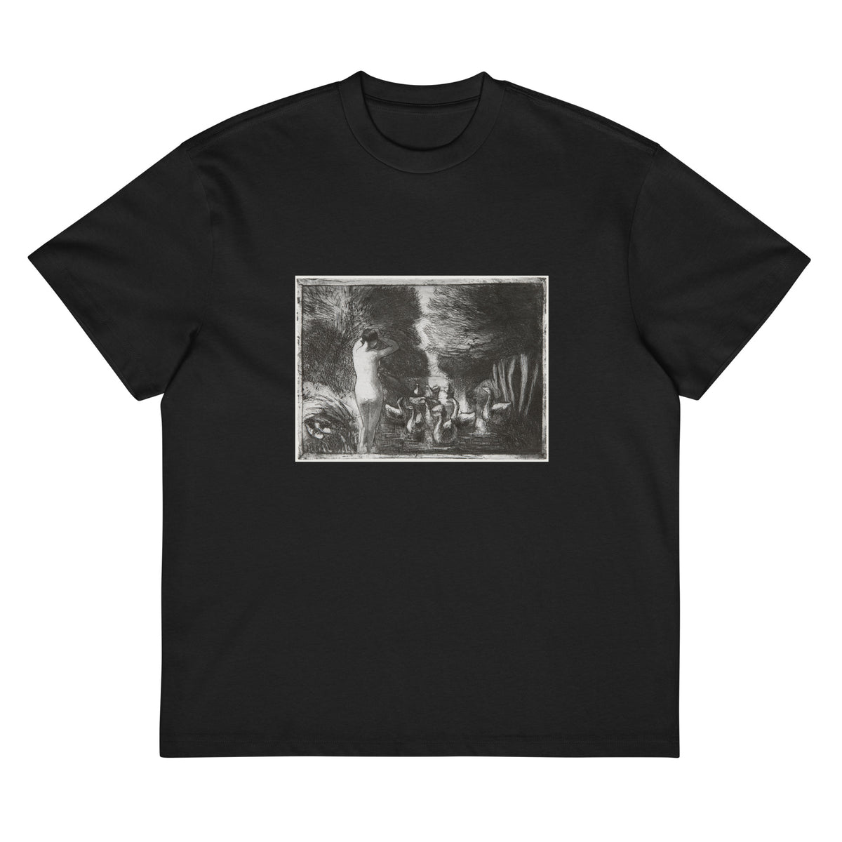 Black T-shirt Bather With Geese Signature