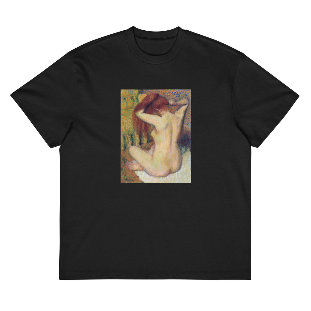 Black T-shirt Nude Lady Woman Combing Her Hair Signature