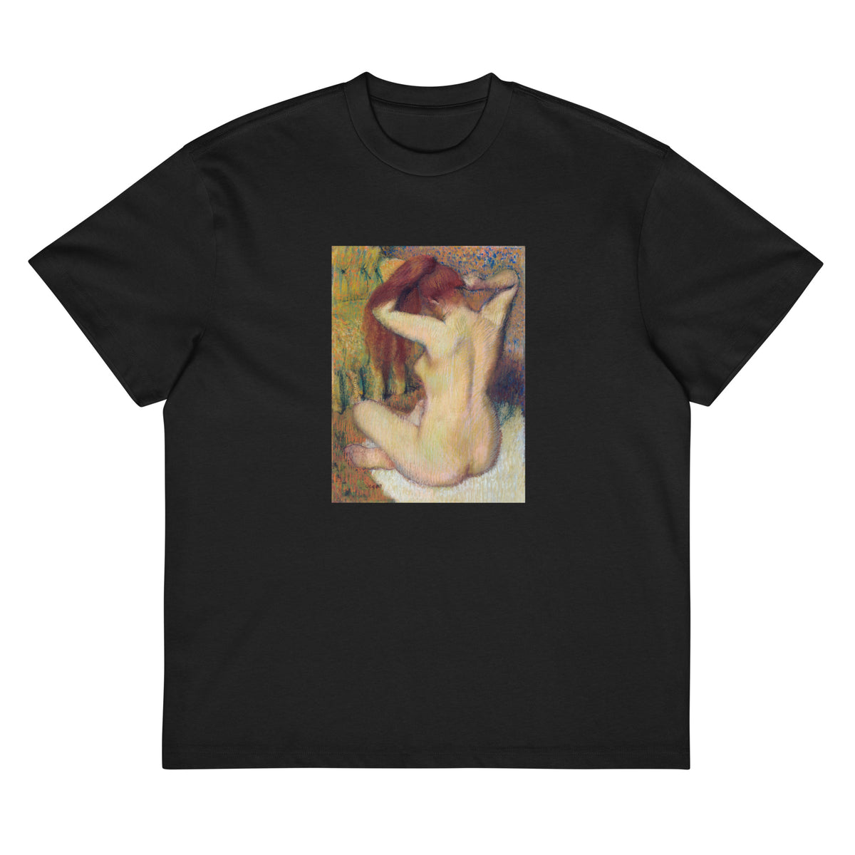 Black T-shirt Nude Lady Woman Combing Her Hair Signature