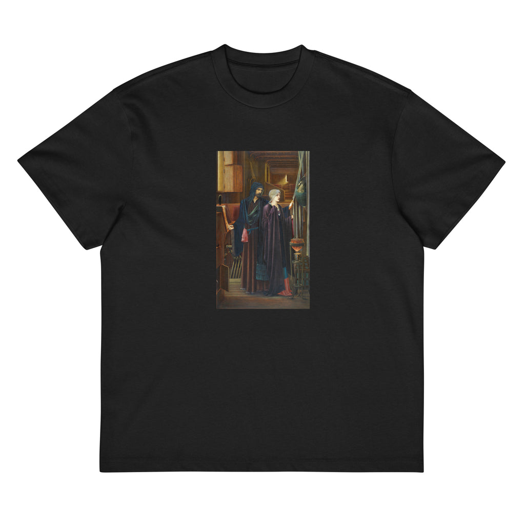 Black T-shirt The Wizard Two Figures In A Narrow Darkened Chamber A Bearded Man In A Heavy Robes Reveals A Convex Mirror To A Young Veiled Girl Behind A Drape Signature