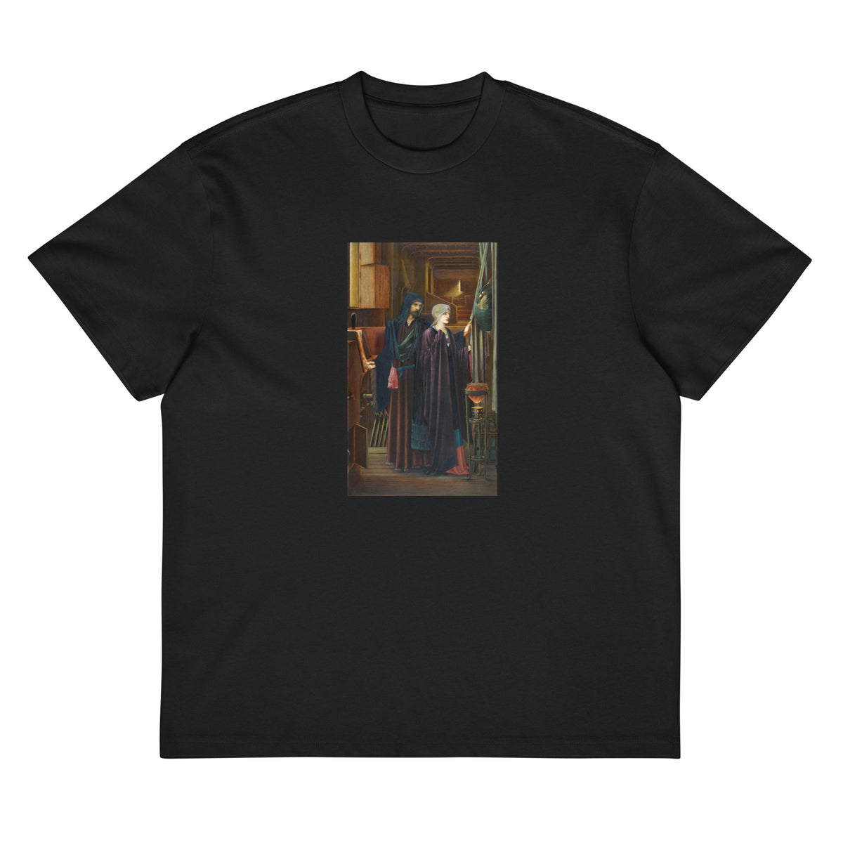 Black T-shirt The Wizard Two Figures In A Narrow Darkened Chamber A Bearded Man In A Heavy Robes Reveals A Convex Mirror To A Young Veiled Girl Behind A Drape Signature