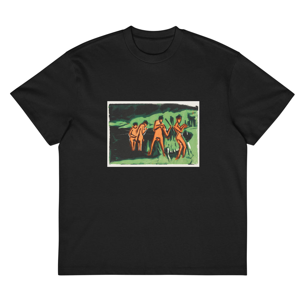 Black T-shirt Bathers Throwing Reeds Print Signature