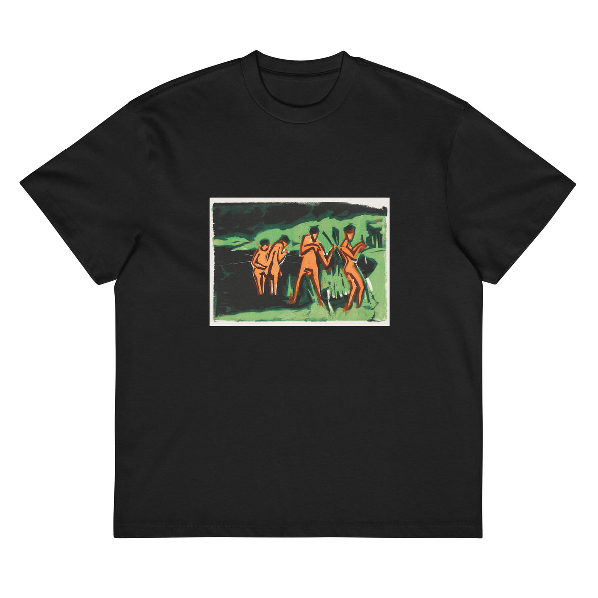 Black T-shirt Bathers Throwing Reeds Print Signature