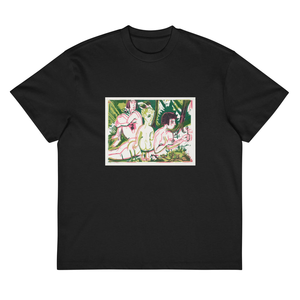 Black T-shirt Nude Women With A Child In The Forest Print Signature