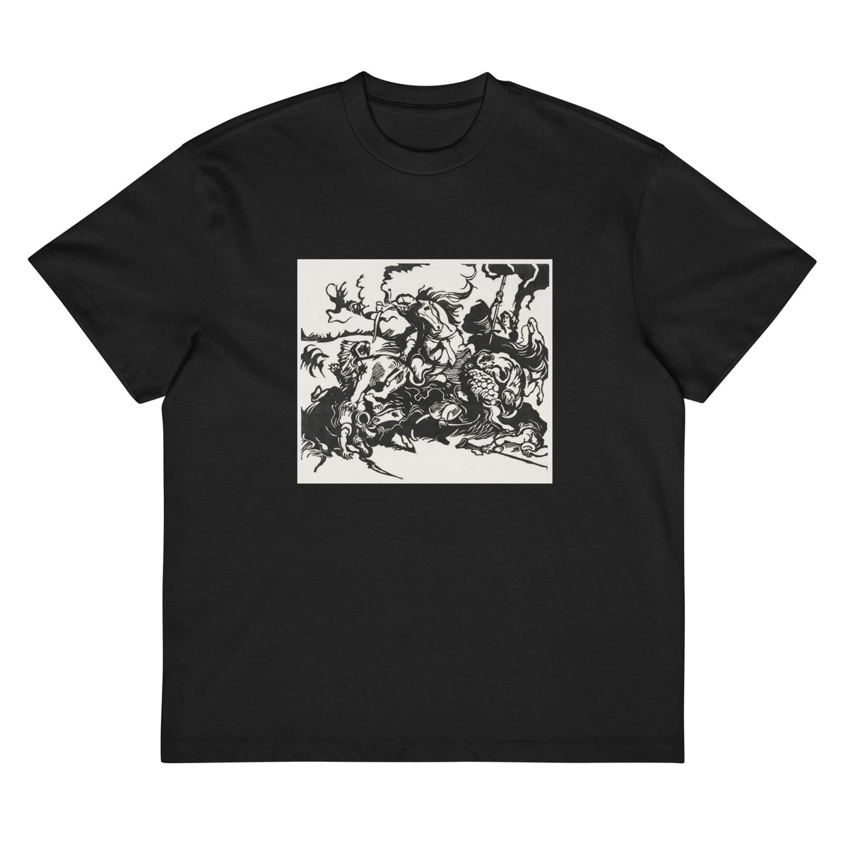 Black T-shirt Lion Hunt Print Signature