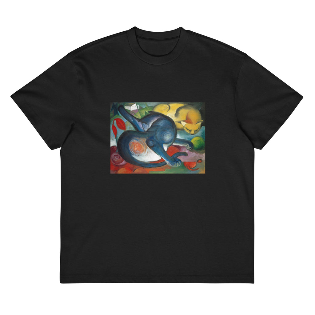 Black T-shirt Two Cats Blue And Yellow Signature