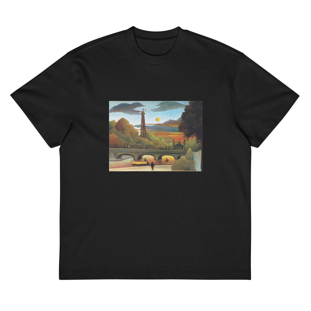 Black T-shirt Henri Rousseau Seine And Eiffel-Tower In The Sunset Famous Painting Signature