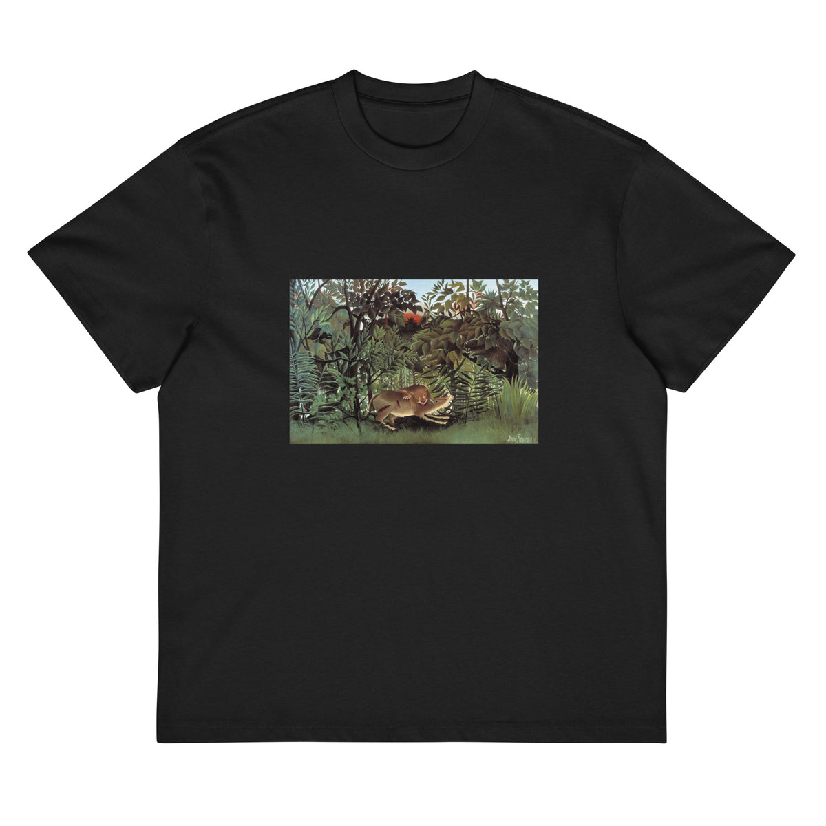 Black T-shirt Henri Rousseau The Hungry Lion Throws Itself On The Antelope Famous Painting Signature