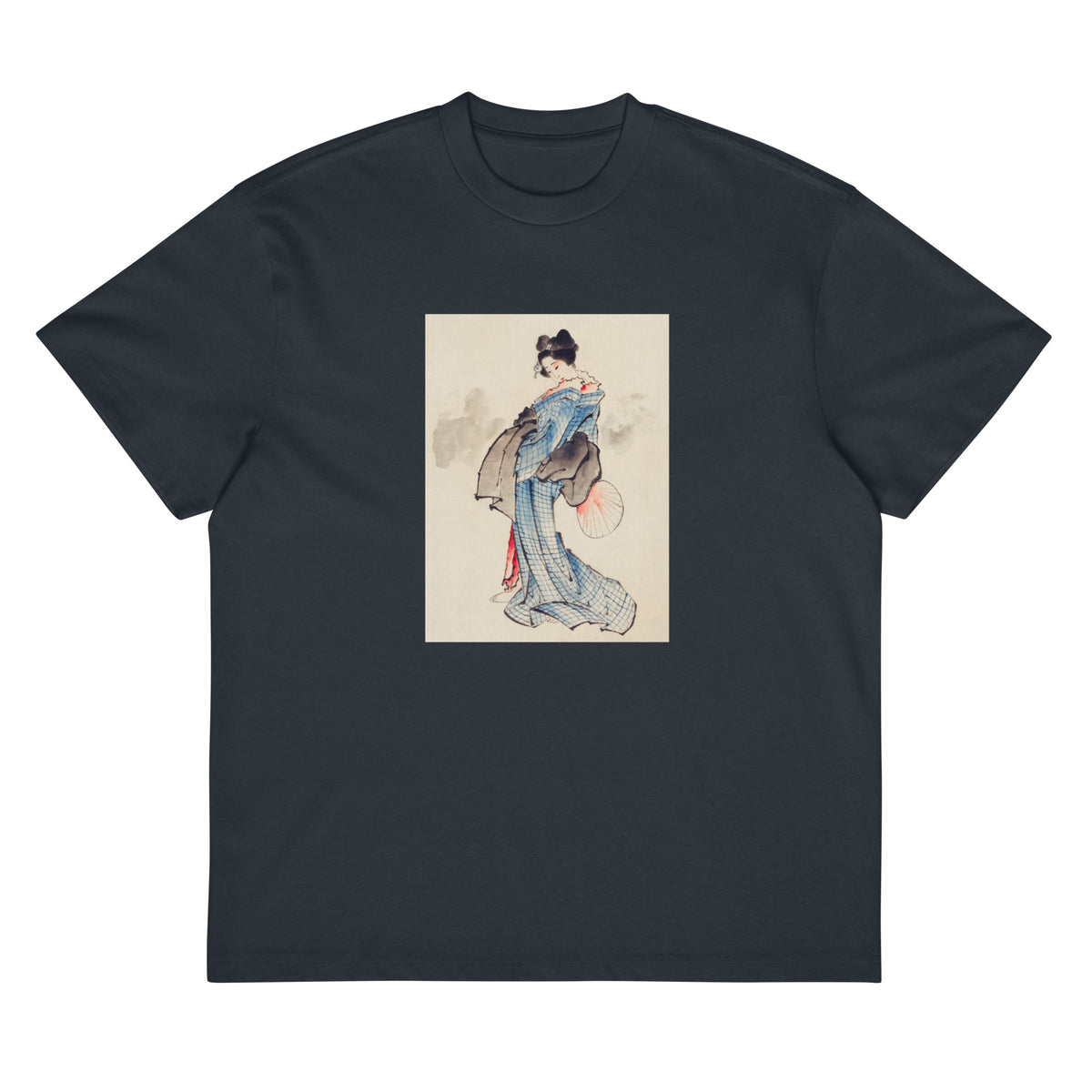 Navy T-shirt Woman Full-Length Portrait Standing Facing Left Holding Fan In Right Hand Wearing Kimono With Check Design - Katsushika Hokusai 1760 Signature