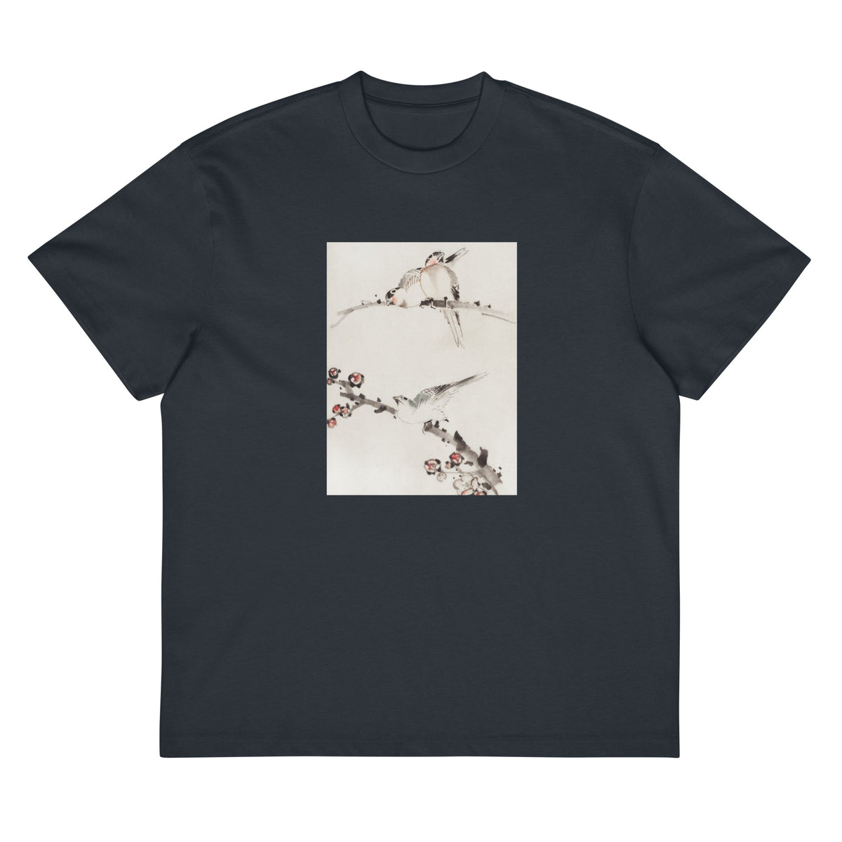 Navy T-shirt Three Birds Perched On Branches One With Blossoms - Katsushika Hokusai Published Between 1830 And 1850 An Illustration Of Three Birds Perched On Branches One With Blossoms Signature