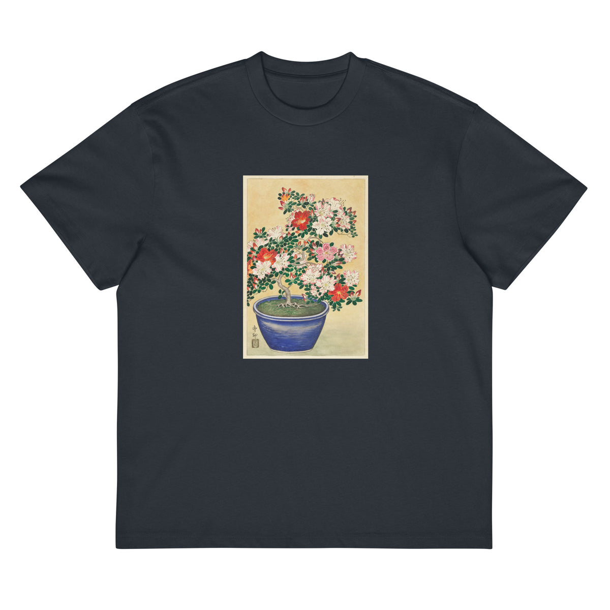 Navy T-shirt Blooming Azalea In Blue Pot - Ohara Koson 1920 Signature