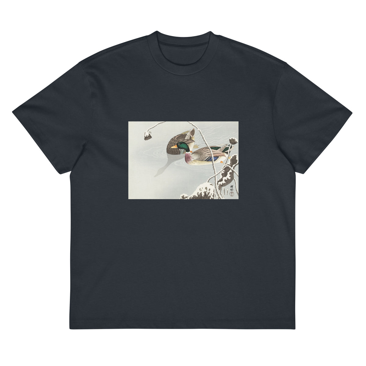 Navy T-shirt Two Mallards Near A Snow-Covered Lotus - Ohara Koson 1925 Signature