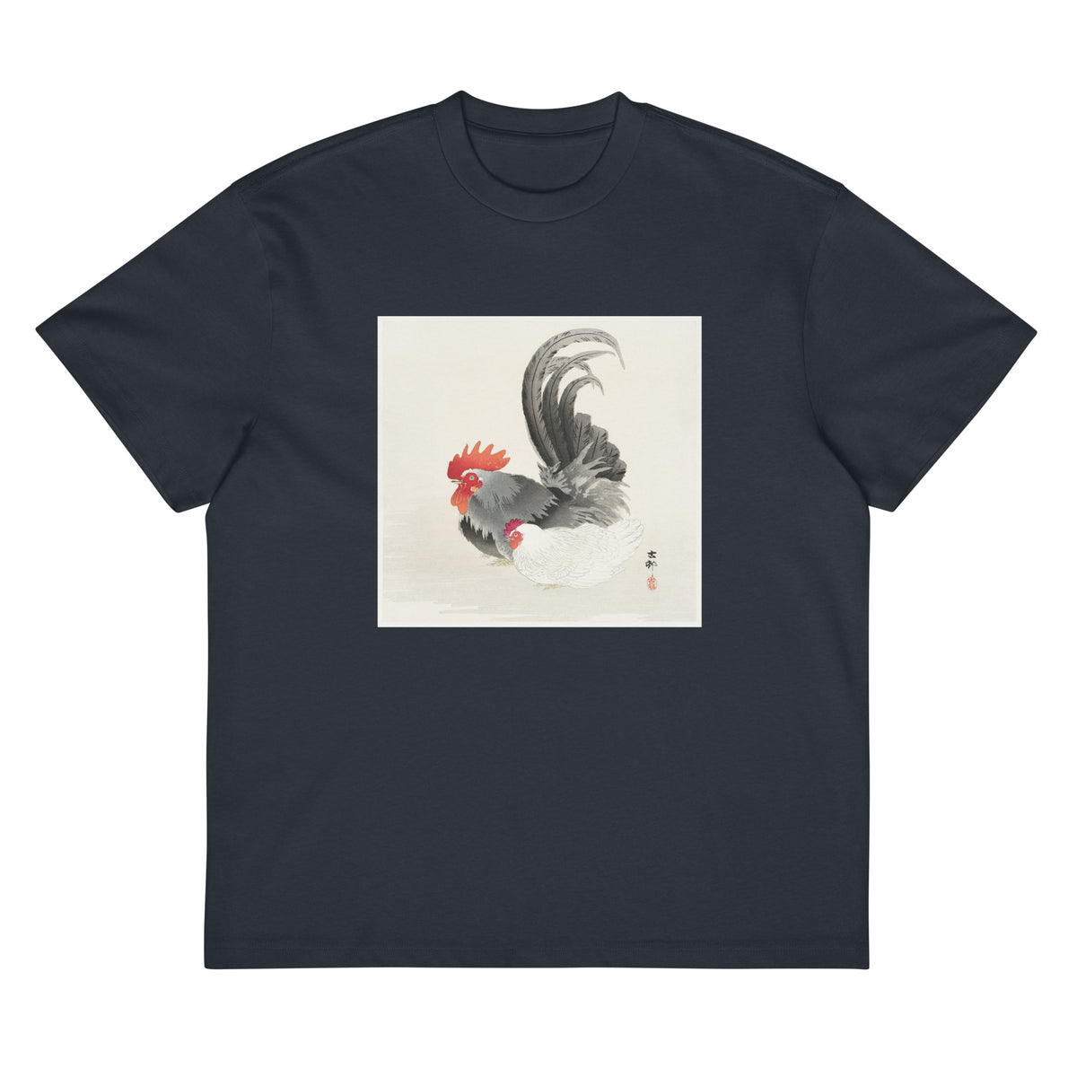 Navy T-shirt Chicken And Cock - Ohara Koson 1900 Signature