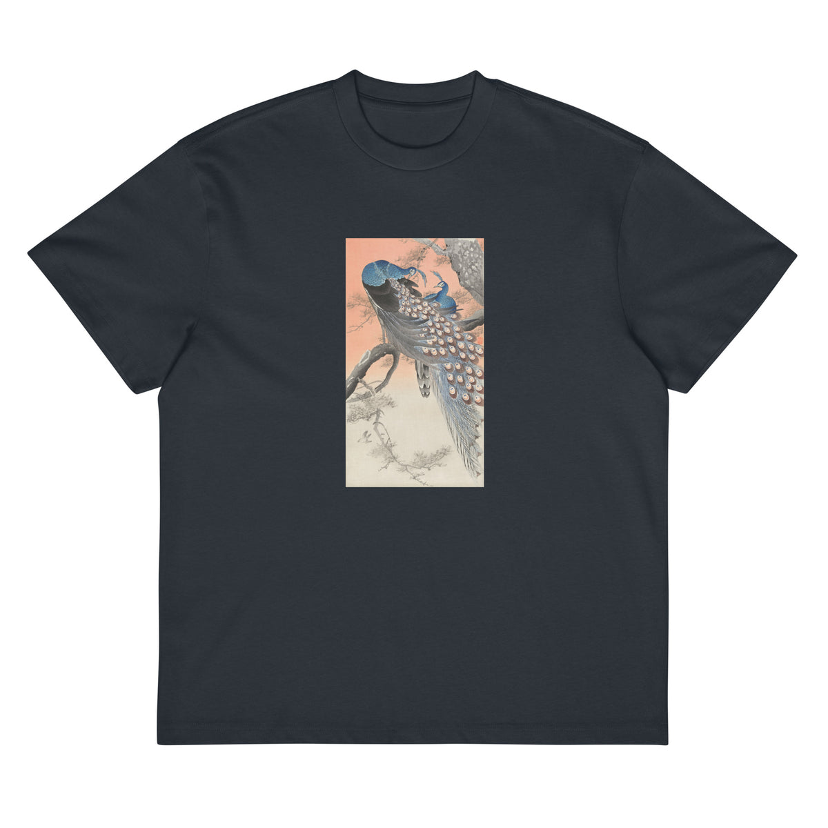 Navy T-shirt Two Peacocks On Tree Branch - Ohara Koson 1900 Signature