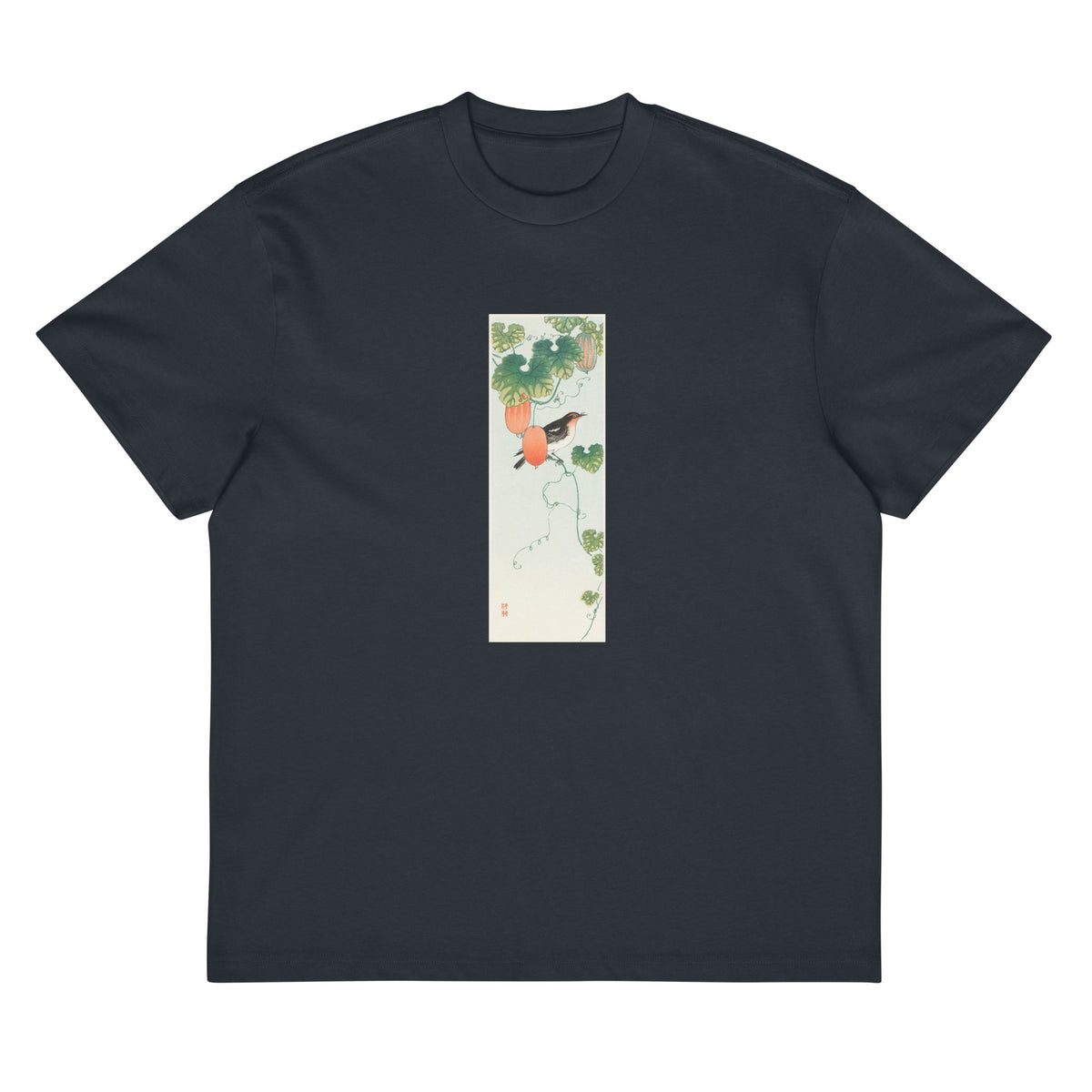 Navy T-shirt Songbird In Cucumber Plant - Ohara Koson 1925 Signature