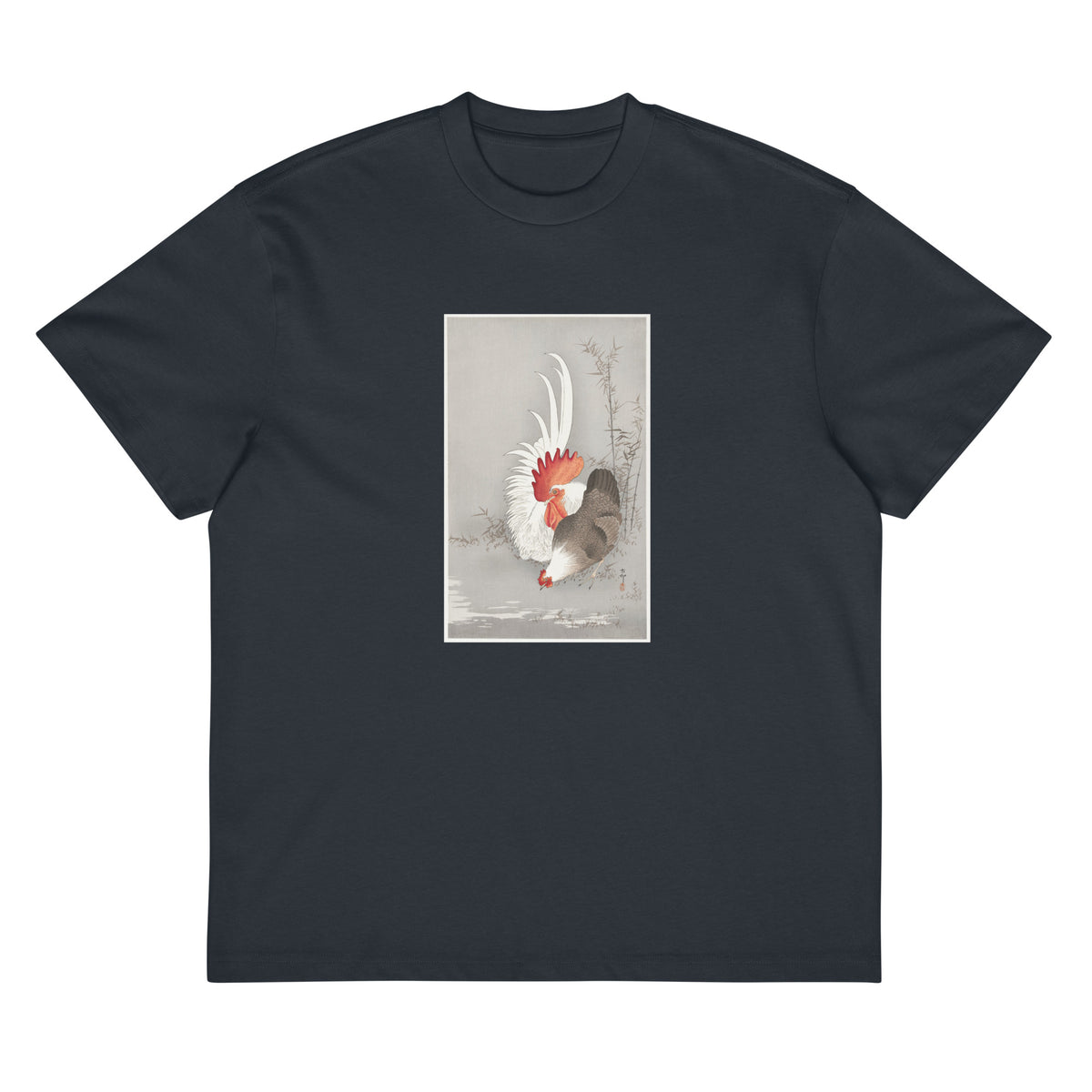 Navy T-shirt Rooster And Chicken - Ohara Koson 1900 Signature