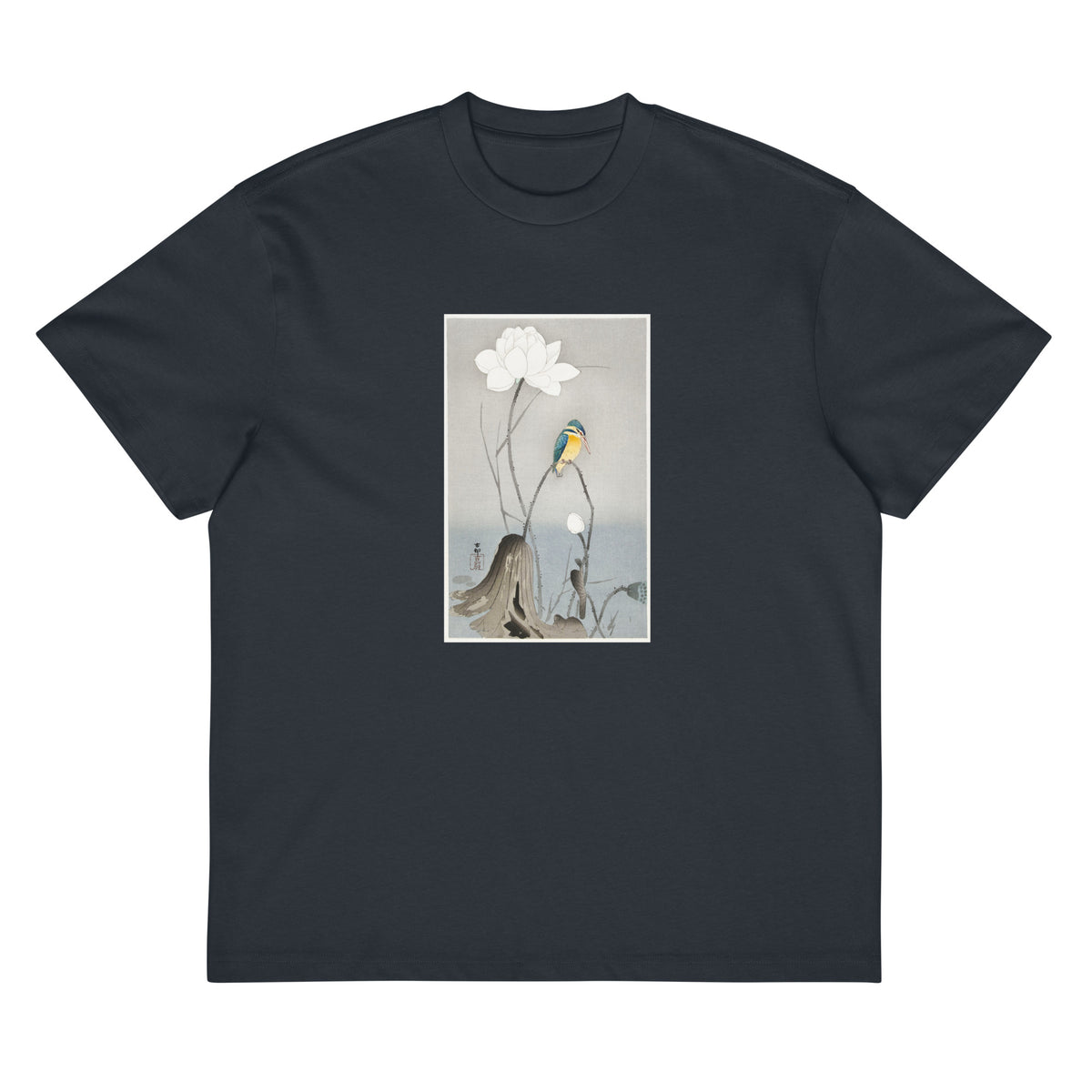 Navy T-shirt Kingfisher With Lotus Flower - Ohara Koson 1900 Signature