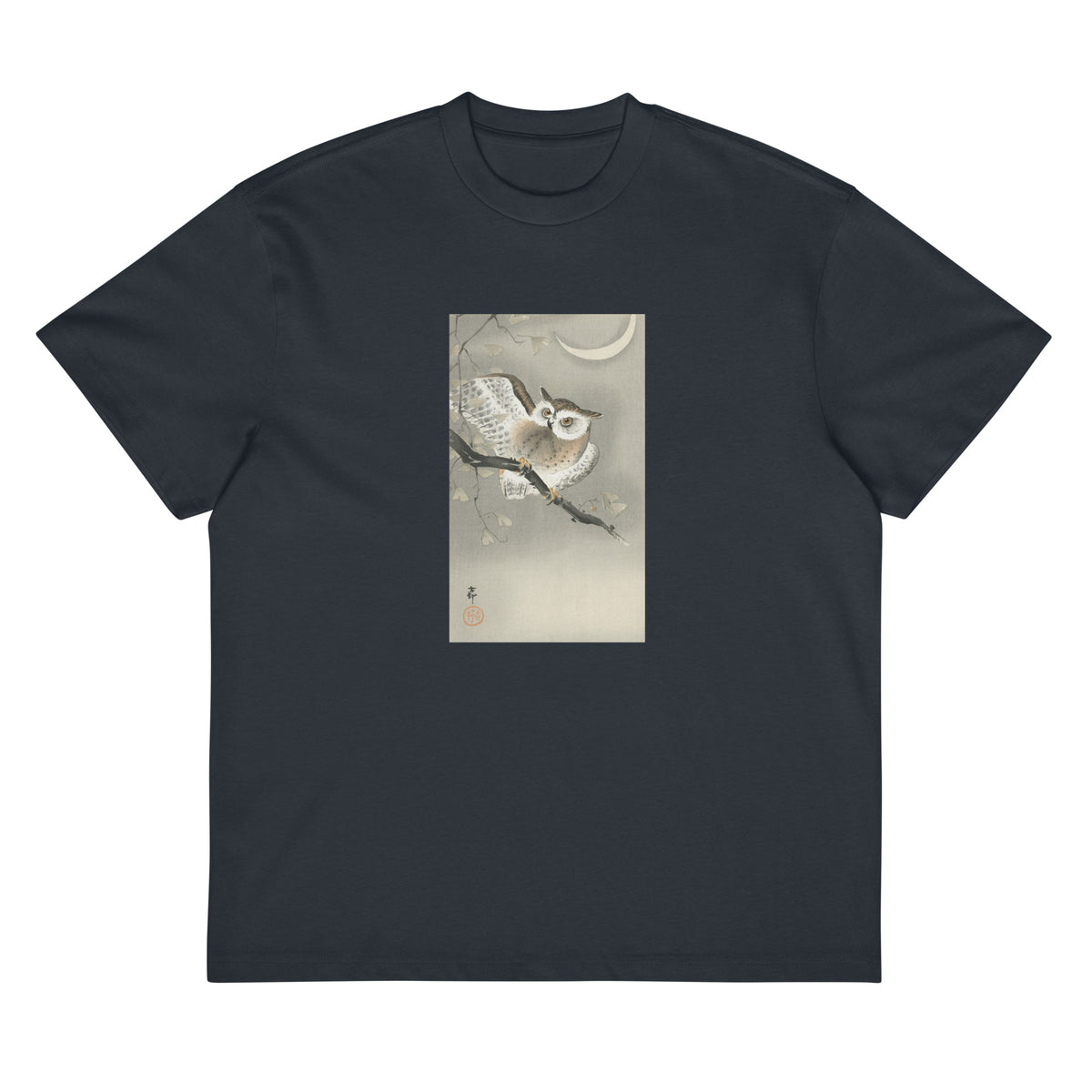 Navy T-shirt Long-Eared Owl In Ginkgo - Ohara Koson 1900 Signature