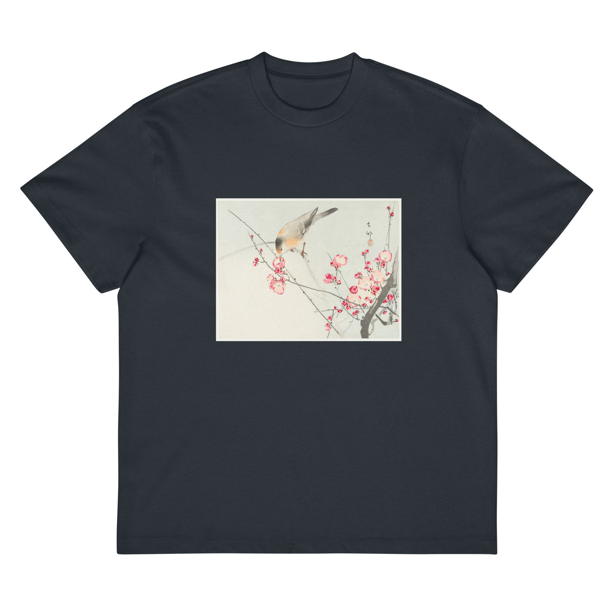 Navy T-shirt Songbird On Blossom Branch - Ohara Koson 1900 Signature