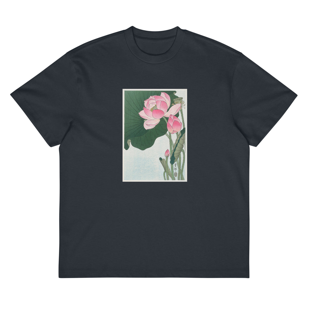 Navy T-shirt Blooming Lotus Flowers - Ohara Koson 1920 Signature