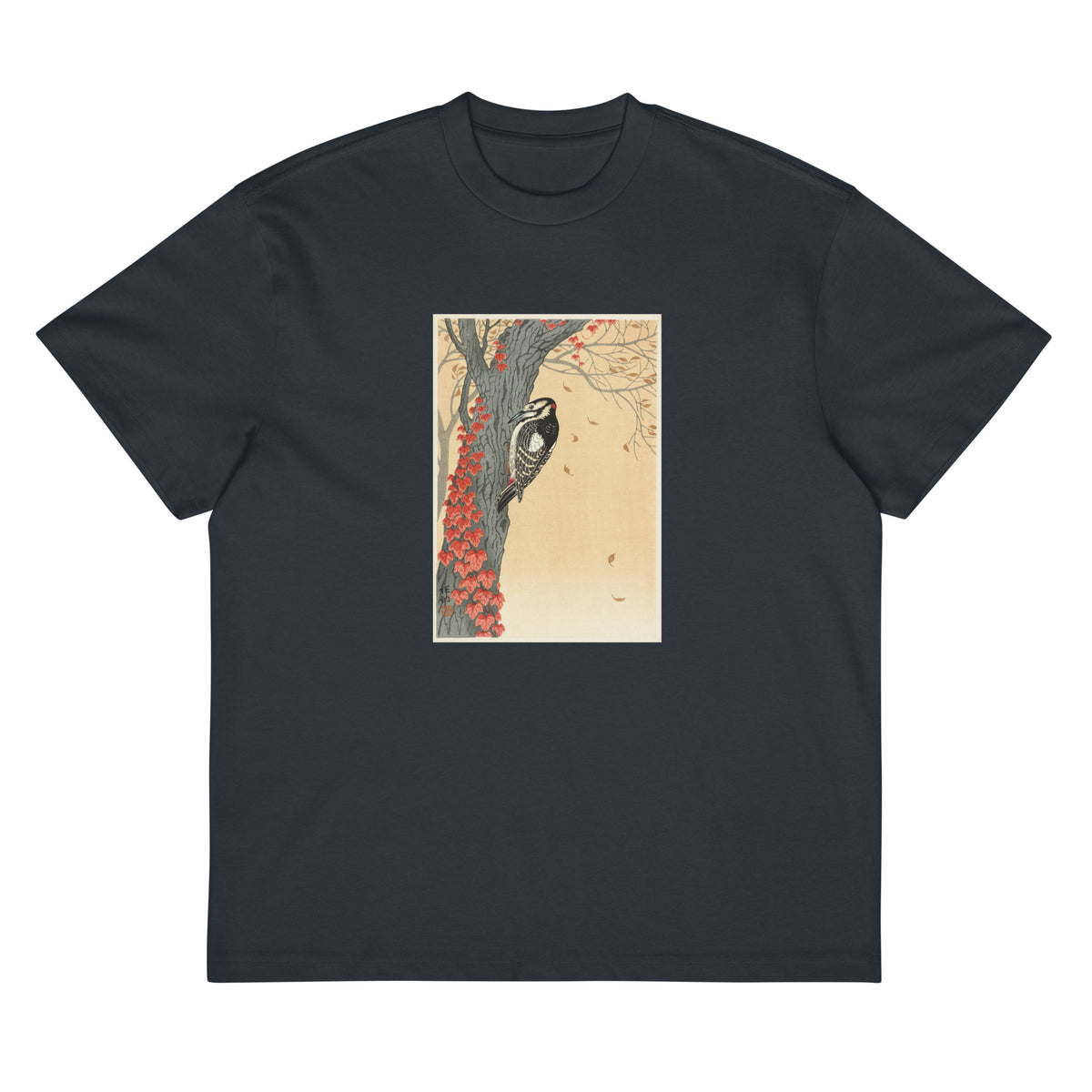 Navy T-shirt Great Spotted Woodpecker In Tree With Red Ivy - Ohara Koson 1925 Signature