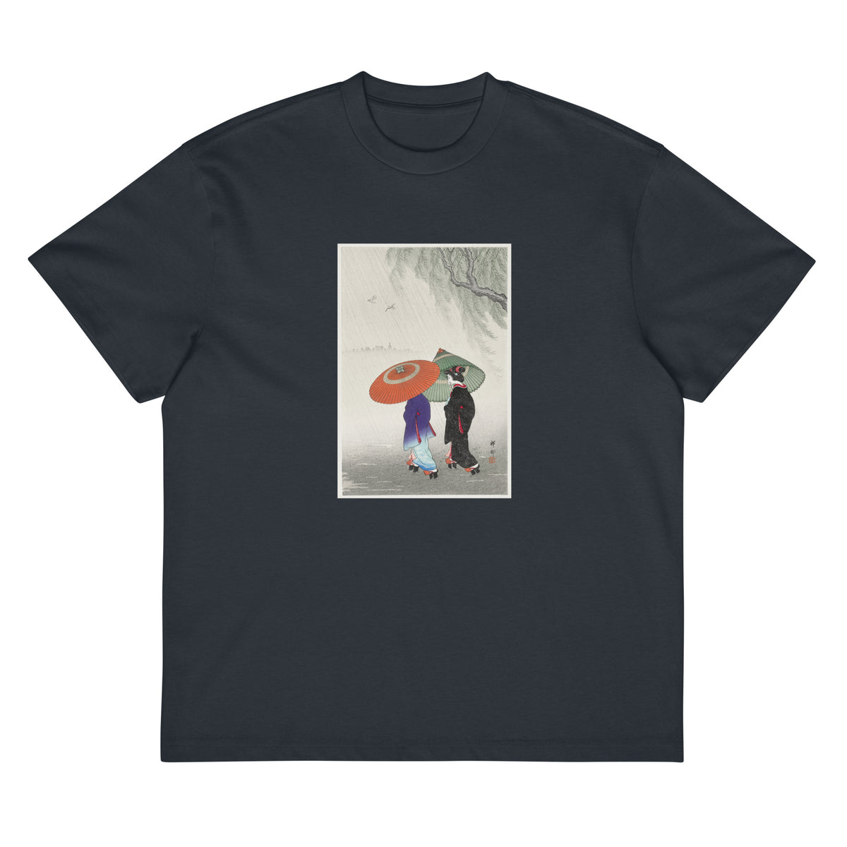 Navy T-shirt Two Women In The Rain - Ohara Koson 1925 Signature