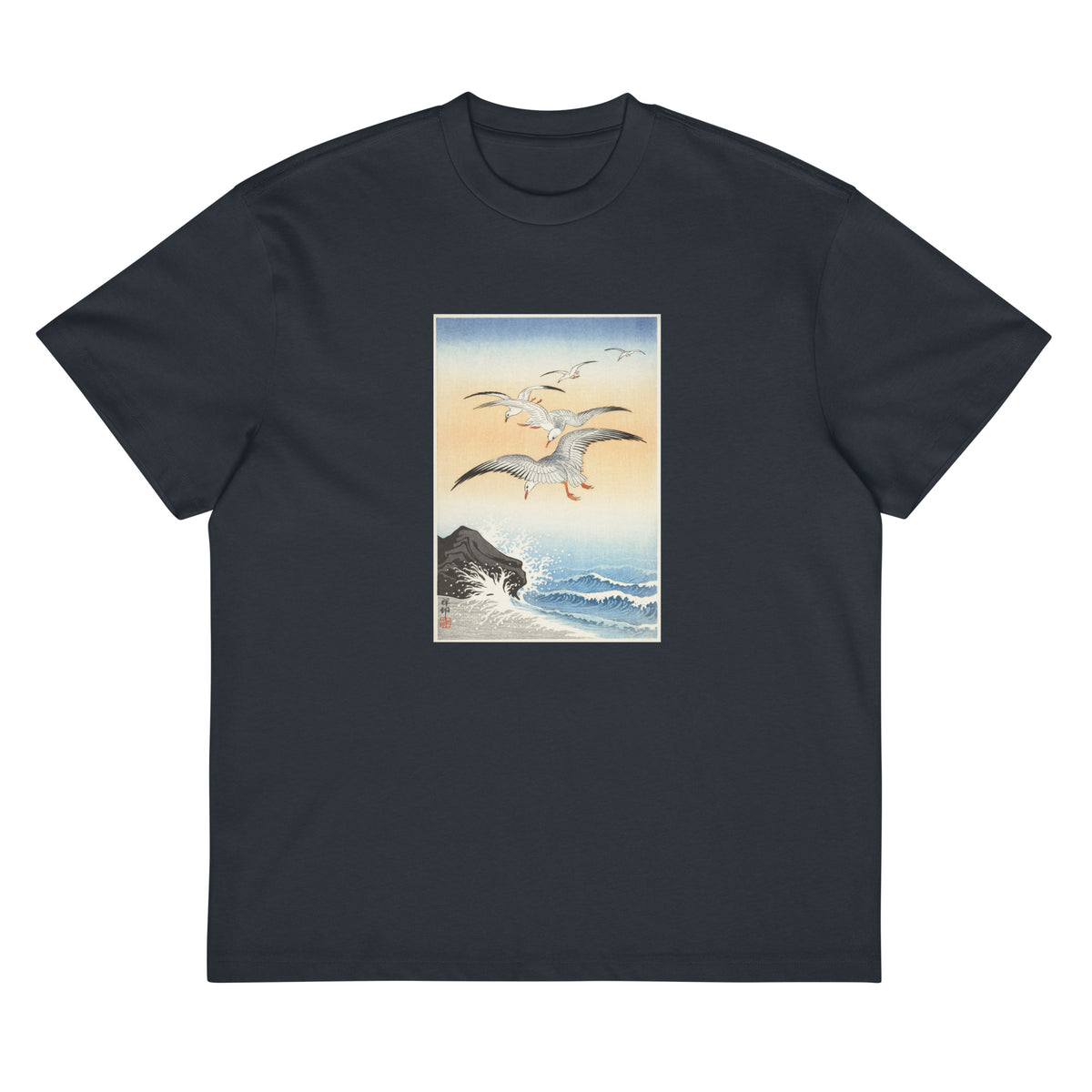Navy T-shirt Five Seagulls Above Turbulent Sea - Ohara Koson 1900 Signature
