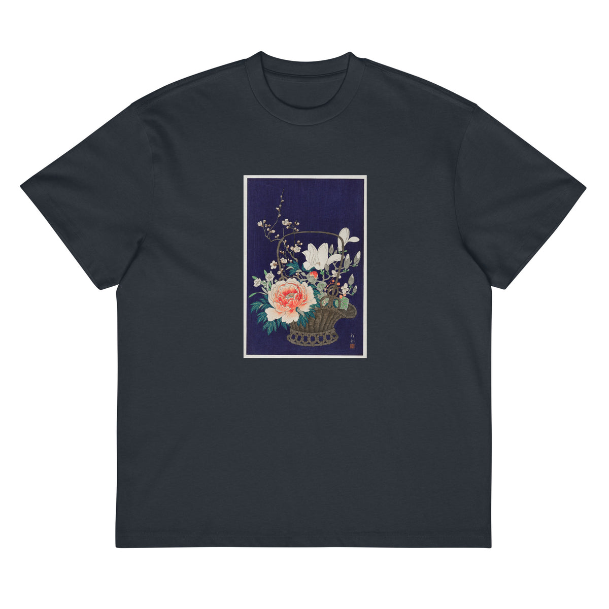 Navy T-shirt Bamboo Flower Basket - Ohara Koson 1932 Signature