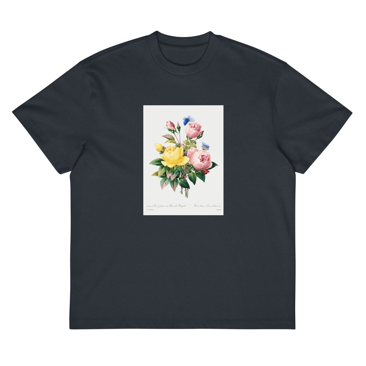Navy T-shirt Yellow Rose And Cabbage Rose - Pierre-Joseph Redoute 1759 Signature