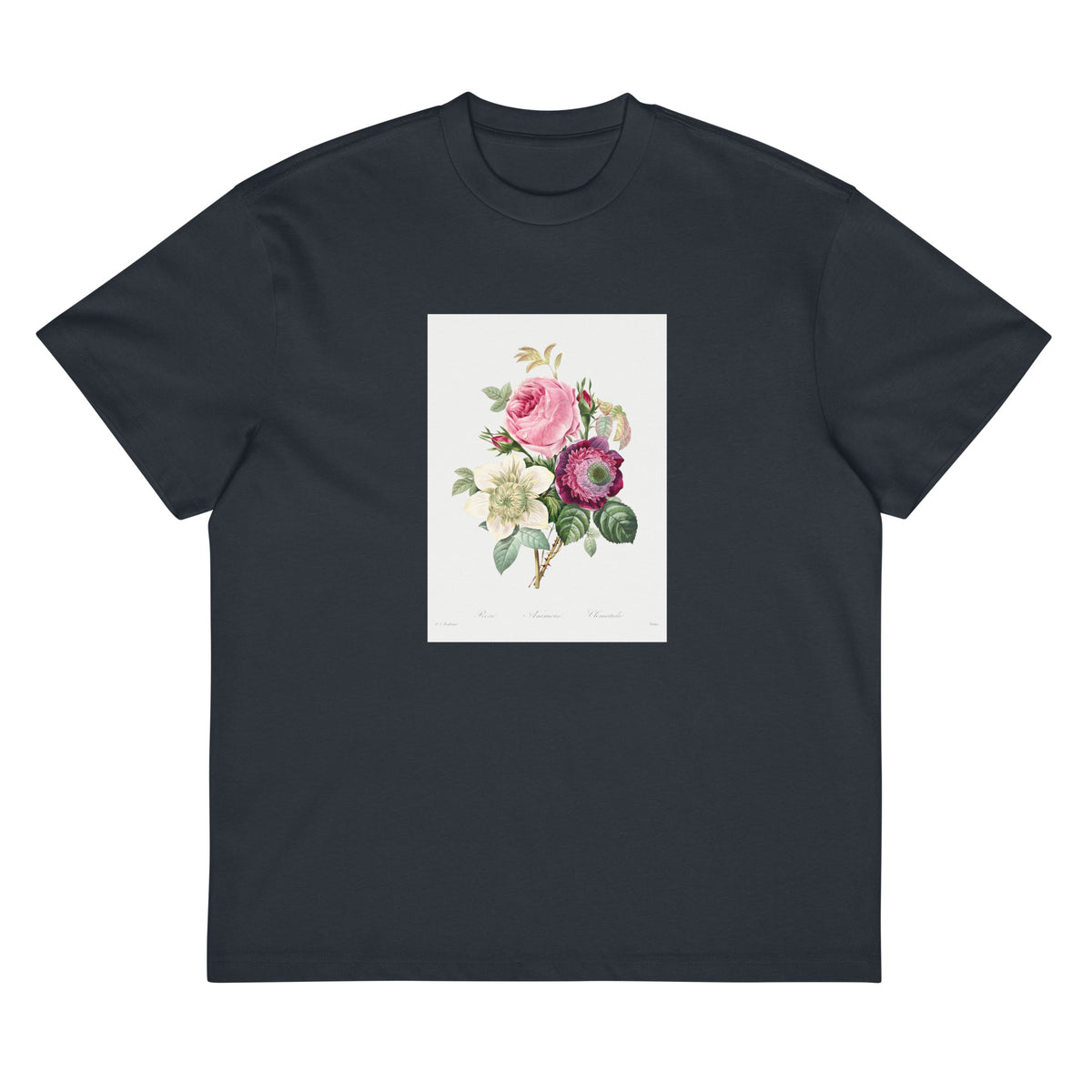 Navy T-shirt Anemone And Cabbage Rose - Pierre-Joseph Redoute 1759 Signature
