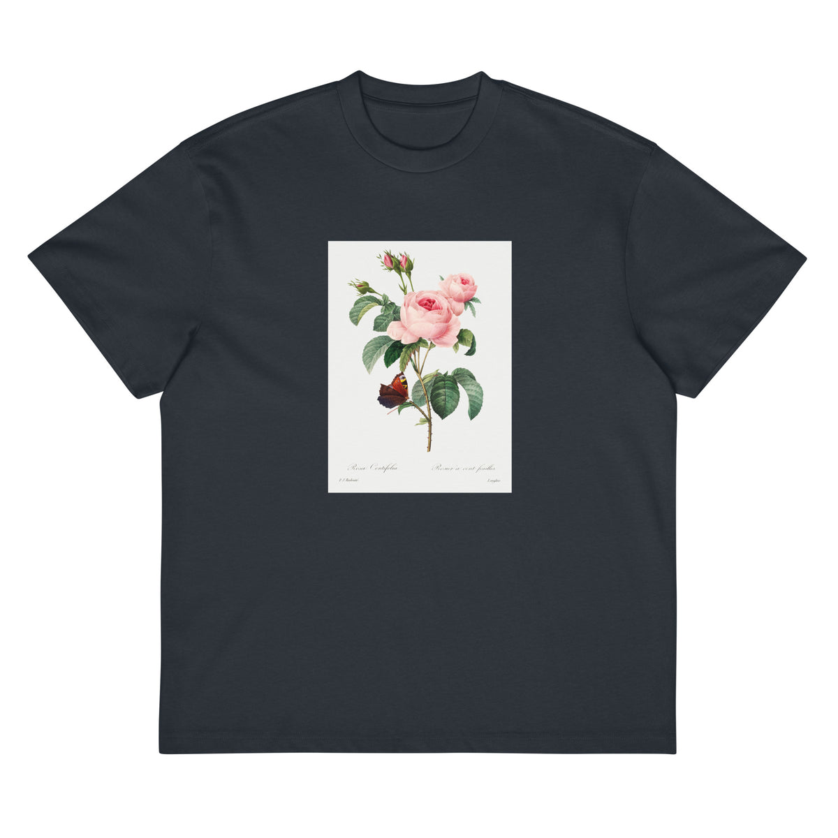 Navy T-shirt Cabbage Rose - Pierre-Joseph Redoute 1759 Signature