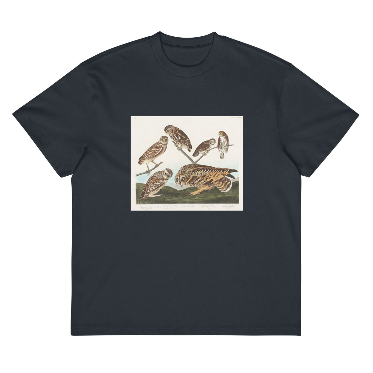 Navy T-shirt Burrowing Owl Large-Headed Burrowing Owl Little Night Owl Columbian Owl And Short-Cared Owl - John James Audubon 1827 Signature