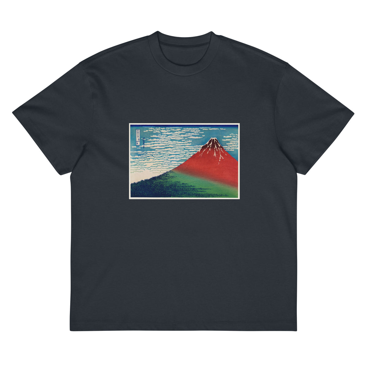 Navy T-shirt Katsushika Hokusai S Fine Wind Clear Morning A Famous Traditional Japanese Ukyio-E Style Illustration Of Mount Fuji Signature