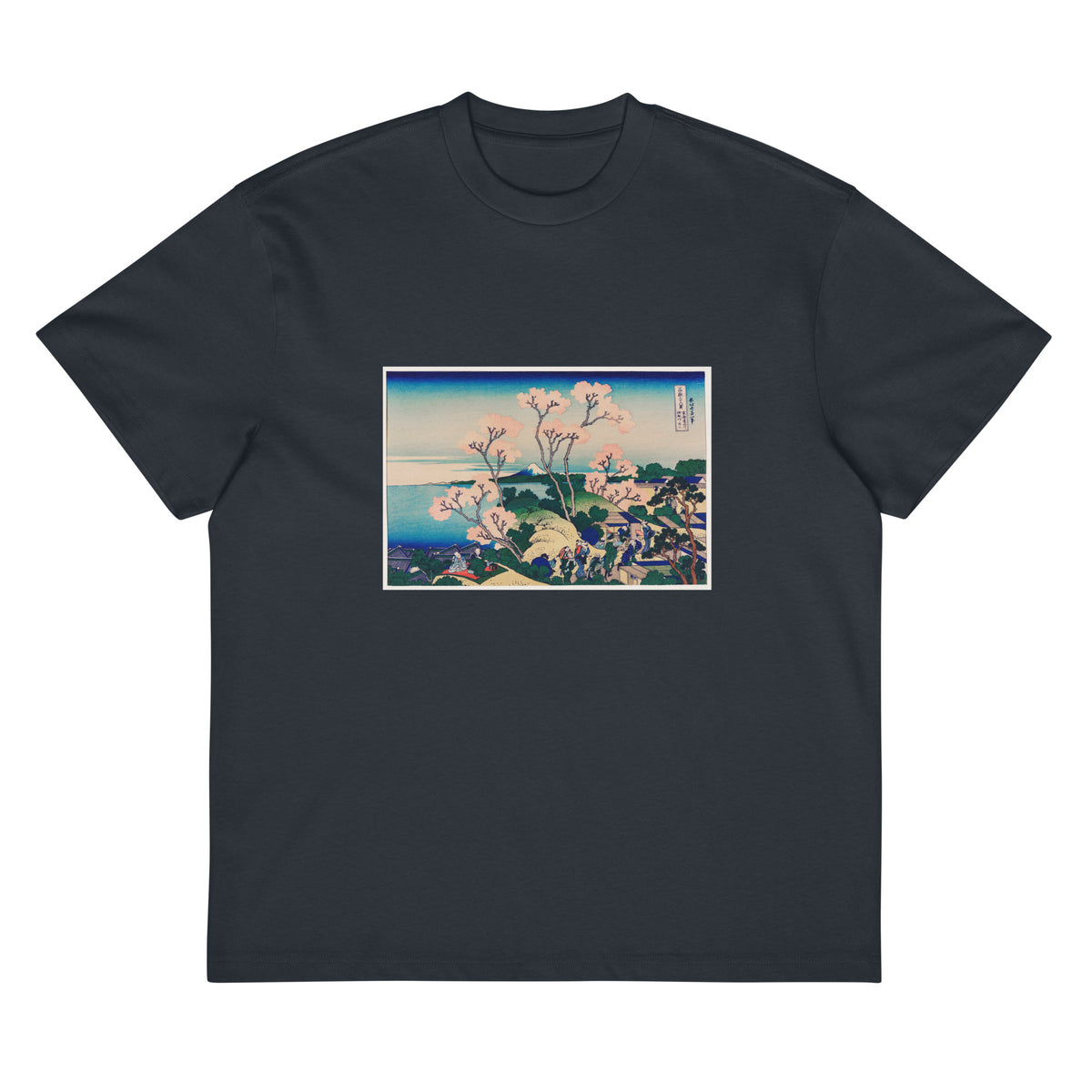 Navy T-shirt Goten-Yama Hill Shinagawa On The Tokaido - Katsushika Hokusai 1760 Signature