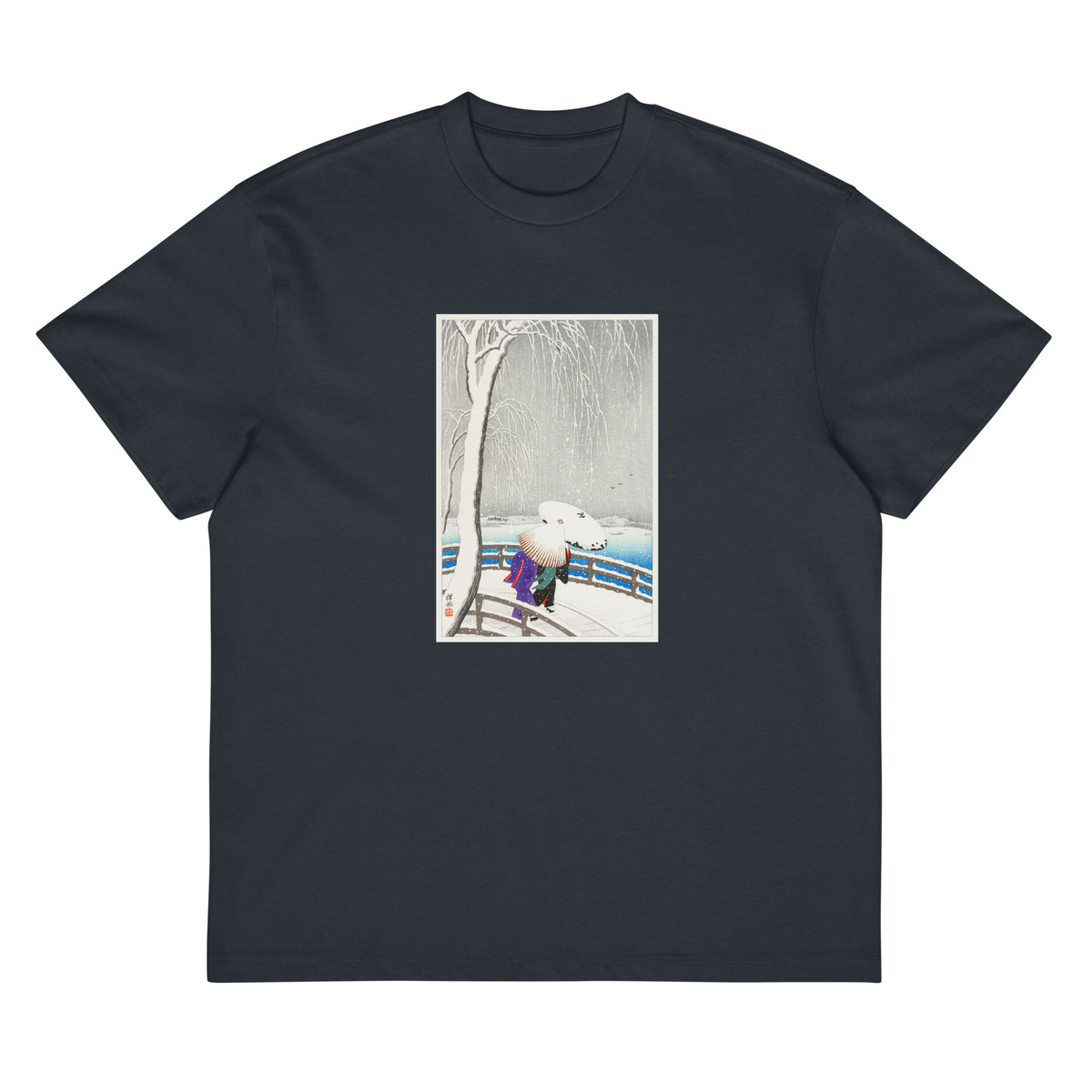 Navy T-shirt Two Women In The Snow On Yanagi Bridge - Ohara Koson 1927 Signature