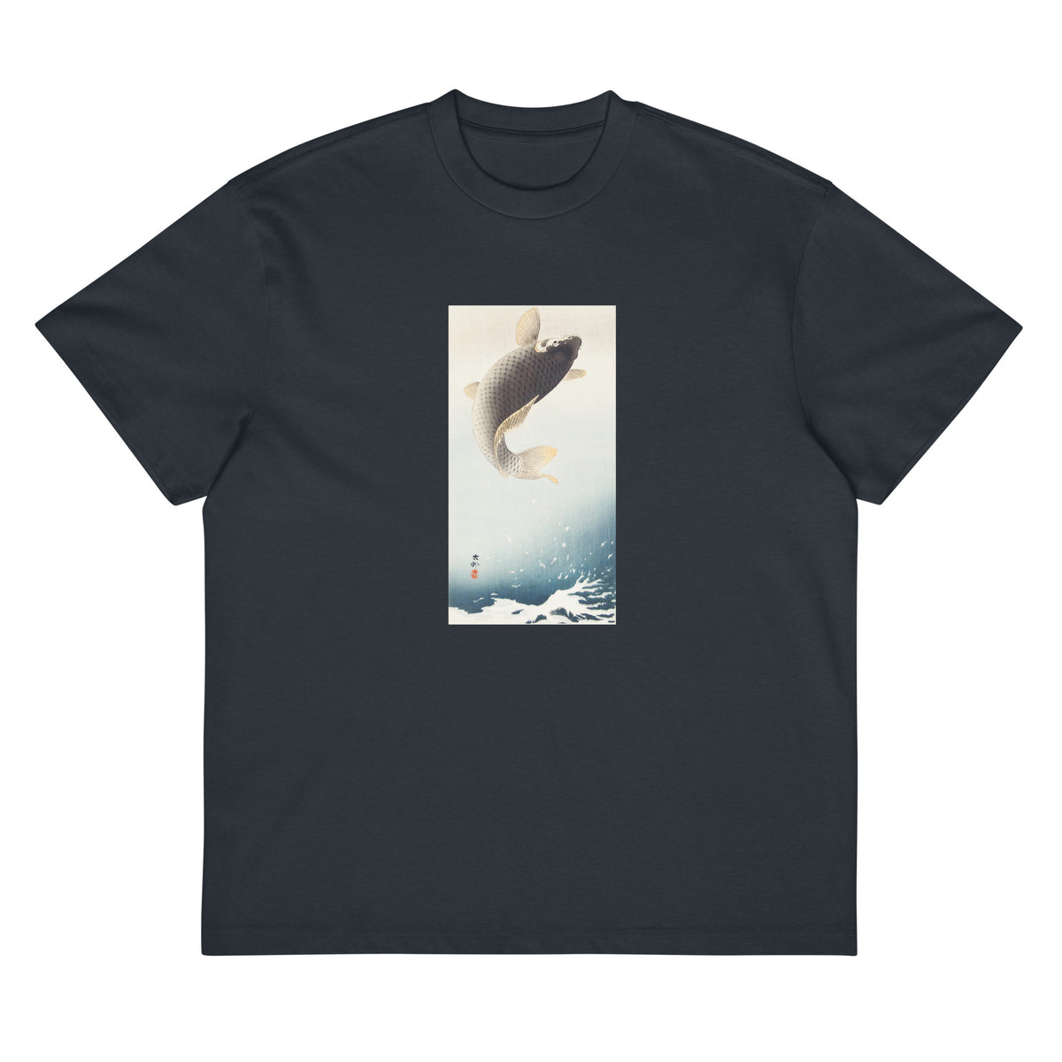 Navy T-shirt A Jumping Carp - Ohara Koson 1900 Signature