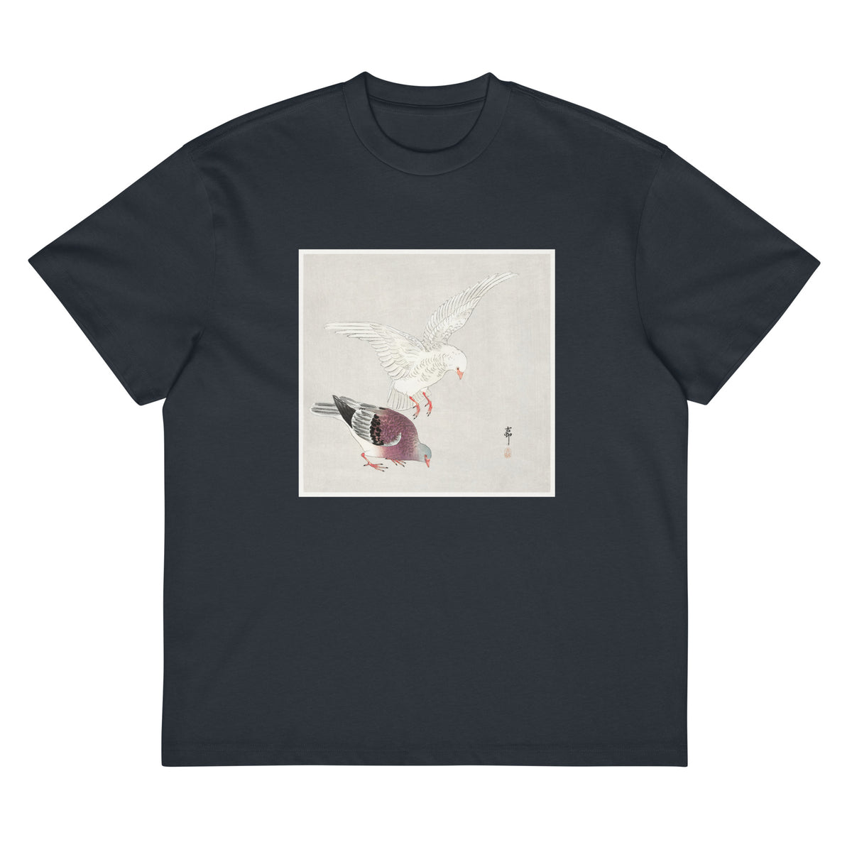 Navy T-shirt Two Pigeons - Ohara Koson 1877 Signature